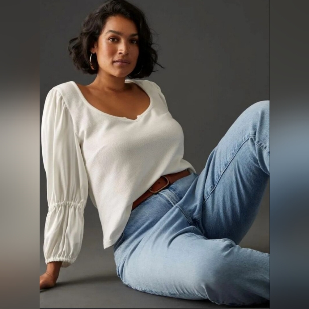 ANTHROPOLOGIE | MAEVE Ribbed Tiered Blouse Long Sleeve Size Medium White